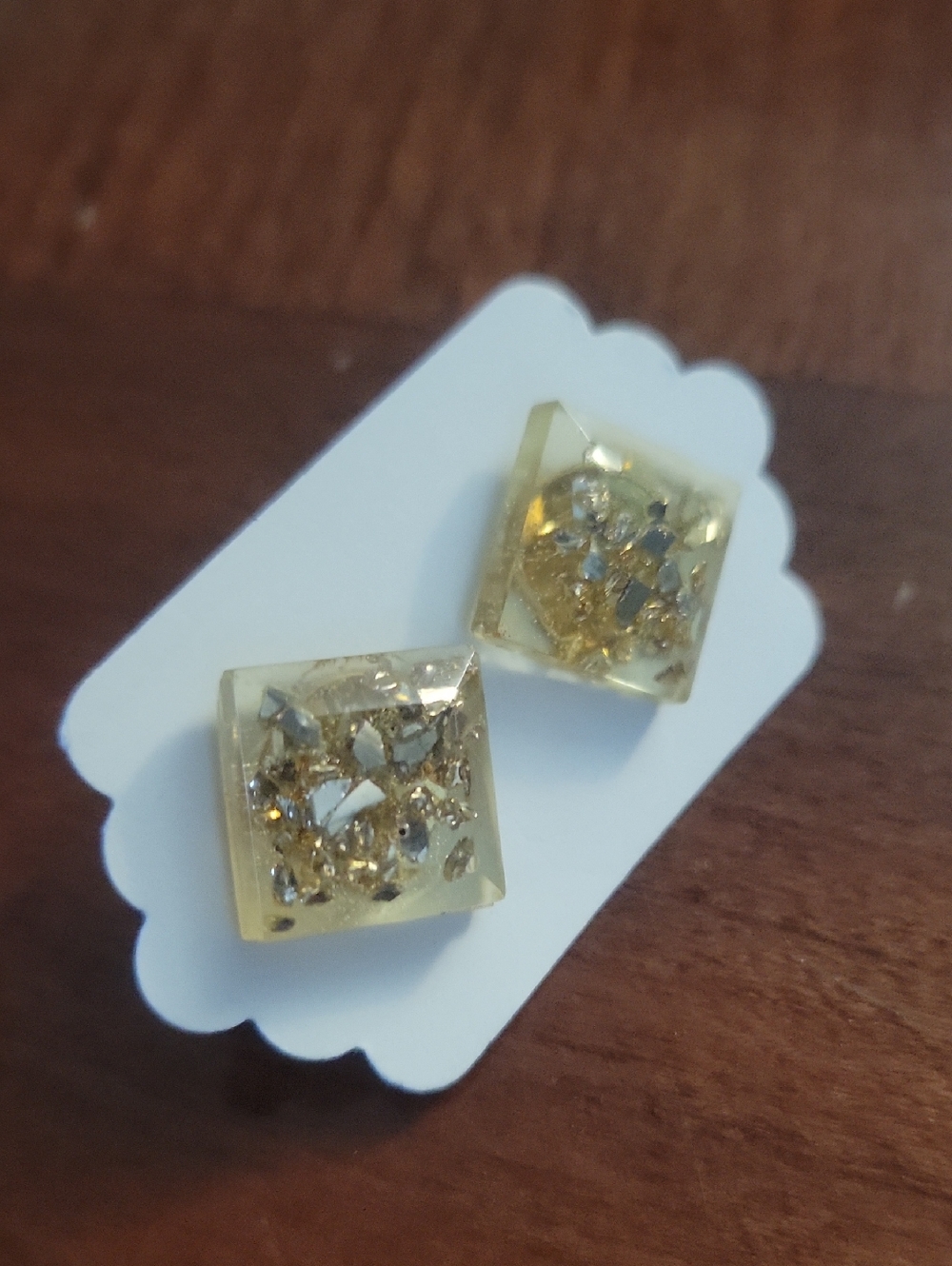 Gold Square Resin Stud Earrings with Metallic Flakes - Women Jewelry
